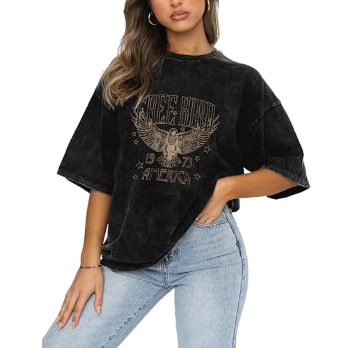 Vintage Rock Band Tshirts Women Retro Free Bird Western Graphic Tees Country Music Shirts Casual Short Sleeve Tops