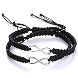 RINHOO 2PC/Set Stainless Steel 8 Infinity Couple Bracelet Braided Leather Rope Bangle Wrist Adjustable Chain Fit 7-9 Inch for Lover Friendship (2PC Black)