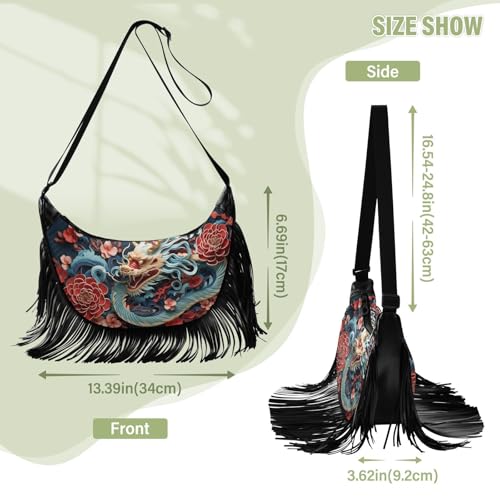 Image of CEBUGI Women's Fringe Crossbody Tassel Purse Celebration Chinese Dragon Hobo Shoulder Bags Crossbody Handbag with Adjustable Shoulder Straps