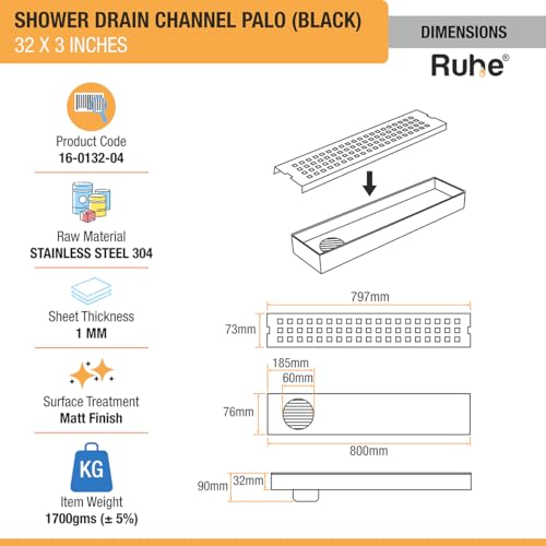 Image of Ruhe Palo 32 x 3 Inches Shower Drain Channel | 304 Stainless Steel Black PVD Shower Water Drain Channel /Waste Water Floor Drain & Side Hole