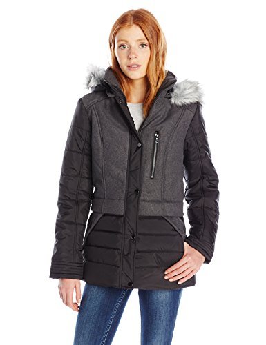 Celebrity Pink Junior's Mid Length Puffer with Wool, Jet Black, X-Small