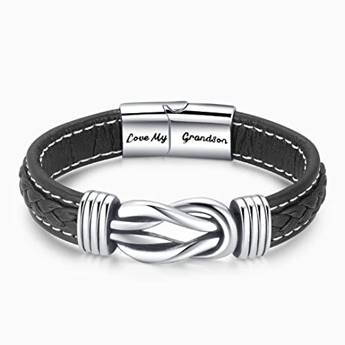 Grandmother And Grandson Forever Linked Together Braided Leather Bracelet, Braided Leather Bracelet For Men, Grandson Bracelet From Grandma Stainless Steel Inspirational Wristband Gift Jewelry (1Pcs) #TOP2