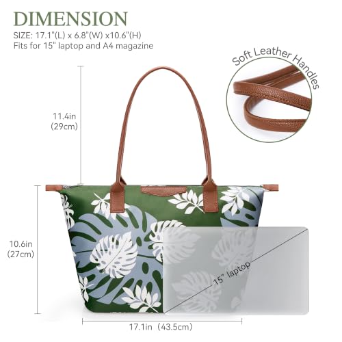 Image of Tote Bag for Women, Casual Hobo Foldable Shoulder Zipper Handbag | Water Repellent Nylon with Leather Handles Fit 15 inch Laptop for Work Weekender Travel Commute