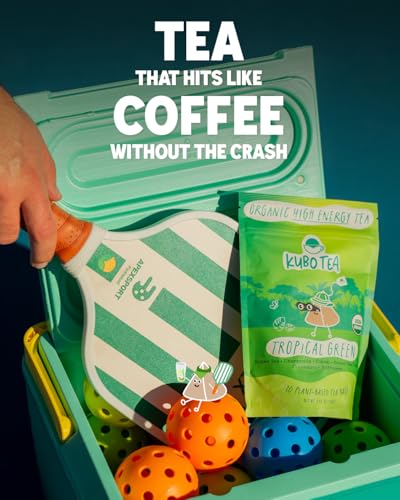 Kubo Tropical Green Tea Bags | Organic High Caffeine (140mg) Green Tea + Carob Bean & Chammomile | 20 Pyramid Count | Caffeinated Tea for Energy & Focus | Coffee Substitute, Sugar Free