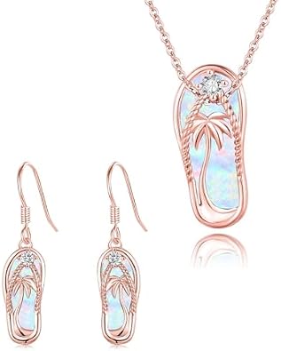 Midir&Etain Rose Gold Beach Themed Jewelry White Opal Flip Flops Necklace and Earrings