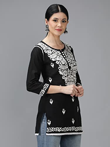 Image of Seva Chikan Hand Embroidered Lucknowi Chikankari Cotton Short Top Tunic for Women SCL9017