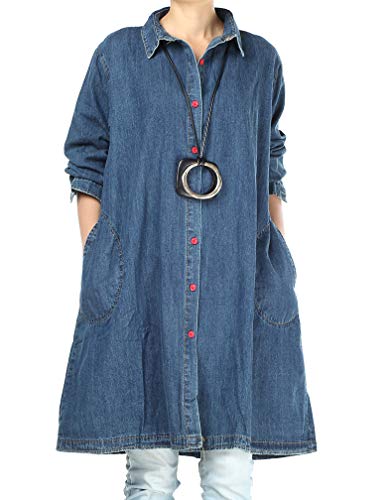 Lavnis Women's Denim Shirt Jacket Plus Size Button Down Jeans Dress Long Sleeve Blouse Coat Blue 2XL