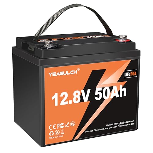 Yeagulch Batteria Litio LiFePO4 12V 50Ah, 4000-15000 Cicli, con BMS 50A Integrato, Batterie Lithium Ricaricabile, per Kit Pannello Solare Impianto Fotovoltaico Camper Caravan Scooter Elettrici