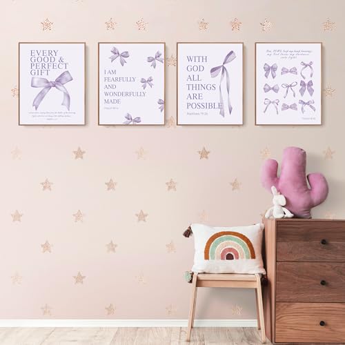 Image of LARTSFRO Coquette Purple Bow Wall Art Decor Posters, Purple Bow Christian Room Bedroom Bathroom Dorm Wall Art Decor for College Teen Girls Kids Gifts, Inspirational Bible Verses Bow Wall Decor, 10x8 Inch Set of 4 Pcs Bow Pictures (UNFRAMED)