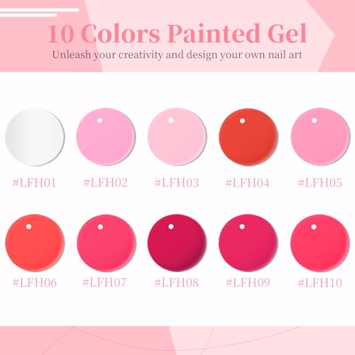 Image of JODSONE Nail Art Gel Liner Set 10 Colors Pink Collection Gel Nail polish Need U V Lamp Cured at Home Salon Design Gifts for Women & Girls