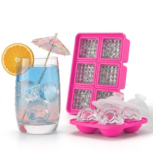 Image of Premium Combo of Large 3D Crystal Square Ice Cube Tray & Football Shaped Silicone Molds for Chilling Drinks, Chocolates, Juice, Jelly and Many More. Pack of 2 (Magenta)