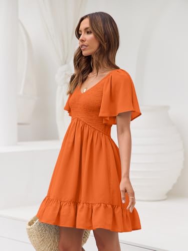Image of LILLUSORY Women's Flowy Casual Mini Dresses 2026 Summer Graduation Smocked V Neck Vacation Dress Dress with Pockets