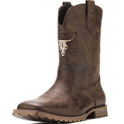 JASONSTAR Western Cowboy Boots for men, Vintage Distressed Brown Square Toe Mid-Calf Boots with Longhorn Skull American Flag Embroidery, Non-Slip Rubber Sole Comfortable for Riding Outdoor Daily Wear