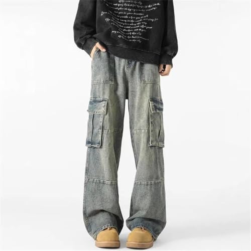 Men Korean Version Leisure Baggy Straight Cargo Jeans Vintage Blue Multi Pocket Design Trousers2