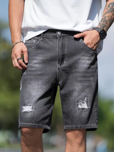 Image of GRECIILOOKS Denim Shorts for Men Stylish | Casual Knee Length Washed Jorts | Regular Fit Jeans Half Pant for Men with Distressed Design | Bermuda Mens Shorts for Summer Travel Streetwear