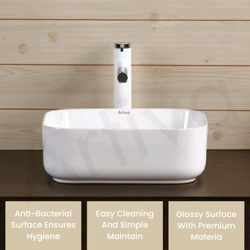 Image of Artiva White Tabletop Wash Basin For Bathroom (12x16 Inch) | Medium Ceramic Wash Basin Bathroom | Rectangle Shape