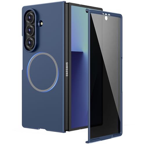 Ruky Slim Case for Samsung Galaxy Z Fold 7, Hard PC Protective Cover with Built-in Privacy Screen Protector, [Compatible with MagSafe] Phone Case for Samsung Galaxy Z Fold 7 5G, Blue