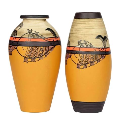 Image of Aakriti Art Creations Madhubani Terracotta Vase Set of 2 with Fish Motif | Handmade Yellow Decorative Flower Vases | Matte Finish Table Decor for Living Room, Shelf Decor & Housewarming Gifts
