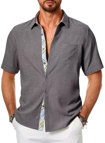 Meilicloth Sommerhemd Herren Kurzarm Leinenhemd Kurzarm Hemd Sommer Kurzarmhemd Kurze Freizeithemd Strandhemd Leinen Shirt Herren Button Down Hemden Casual Mode Hawaiihemd A Grau L