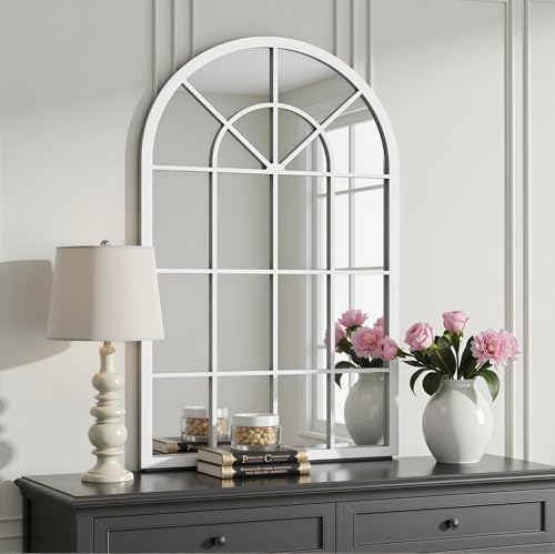 Image of Dewfig Arched Wall Mirror, 42 inchx30 inch Metal Frame Windowpane Mirror, White