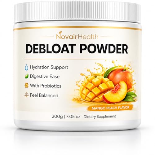 NovairHealth Debloat Powder Face Debloat and Debloating Support for Men & Women Digestive Enzymes with Vitamin C Dandelion Root & Horsetail Extract Non-GMO Peach Mango Flavor 200g / 7.05 oz