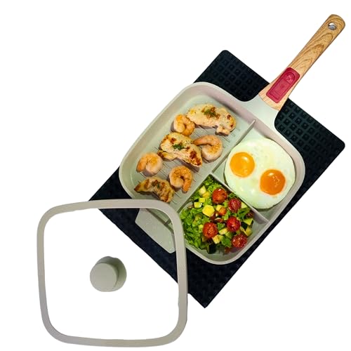 ABJA HOME, Sartén Grill antiadherente con mango extraíble, extraíble, para desayuno, huevos, panqueques, hamburguesas, sartén cuadrada con división en 3 secciones, aleación de aluminio (blanco)