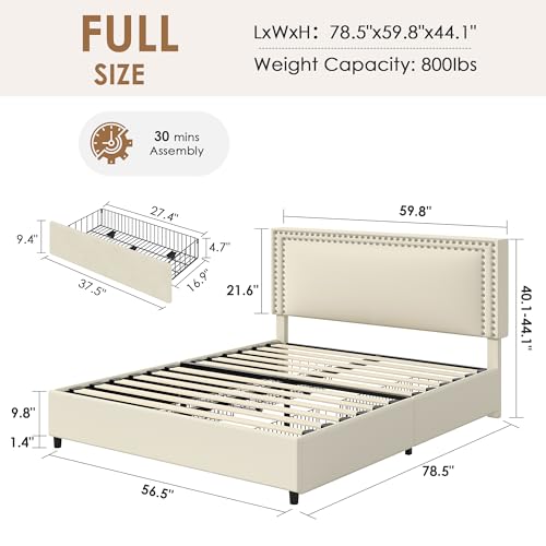 Image of VECELO Full Size Upholstered Bed Frame with 4 Storage Drawers, Adjustable Velvet Rivet Decor Headboard, Wooden Slats Platform Support, No Box Spring Needed, Easy Assembly,Beige