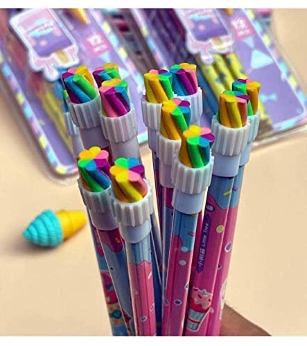 PECULIAR 12 Pcs UniqueIce Cream Design HB Pencils with Top Erasers and 1 Ice Cream Easer Fancy School Stationery Set for Kids, Drawing & Sketching (1 PCS Set)