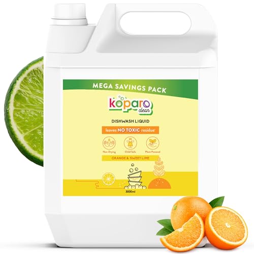 Image of Koparo Organic Dishwash Liquid | 3 Litres Refill Can | Powerful Grease Cutting Dishwasher Liquid | Thick Foam Liquid Dishwash for Kitchen Utensils | Baby & Pet Safe | Orange & Sweet Lime Fragrance