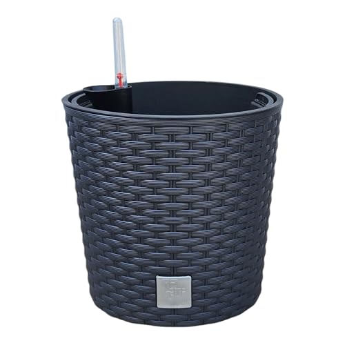 HappyFlower Blumentopf rund mit Innentopf – Pflanzkübel aus Kunststoff in Rattan-Optik, für Innen & Außen, Übertopf Verschiedene Größen & Farben erhältlich, (Äußerer ∅ Oben 20 cm, Anthrazit)