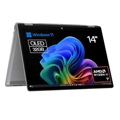 HP Omnibook X Flip - Ordenador portátil Convertible de 14' 3K OLED táctil Ryzen AI 7 350, 32GB RAM, 1TB SSD, AMD Radeon 860M Graphics, Windows 11 Home Silver - Teclado QWERTY Español