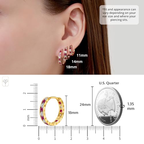 Small Solid 14K Gold Huggie Earrings for Women with White, Pink and Red CZs | Hypoallergenic Cubic Zirconia Hoops with Diamond Cut in 11MM, 14MM and 18MM by MAX + STONE4