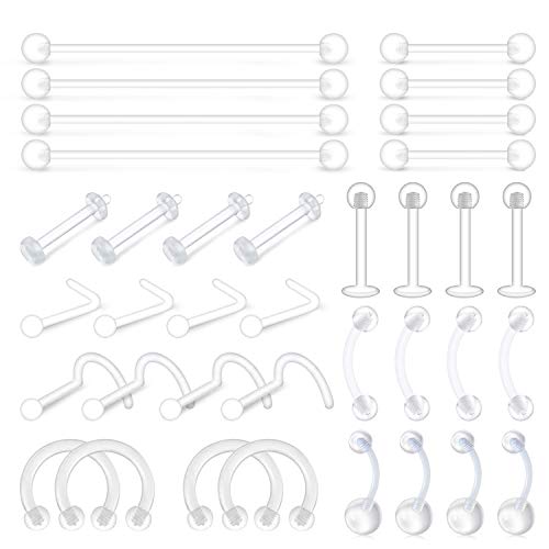 Vcmart 36pcs retenues Piercing Set Bioflex en Plastique Souple Nez Langue lèvre Ventre Piercing Oreille sourcil kit