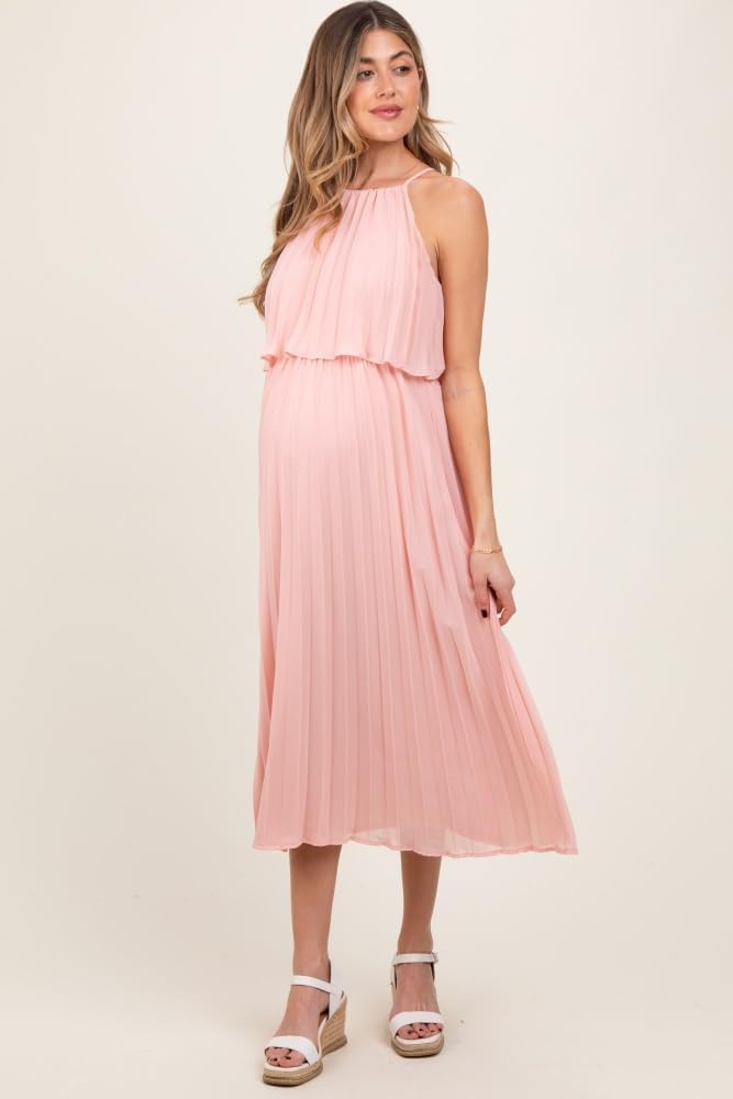 PinkBlush Pleated Woven Maternity Midi Dress
