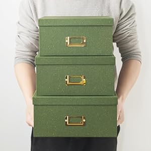 Soul Lane Green Kraft Paper Boxes for Storage Set of 3 Square Stacking Boxes with Lids and Gold Label Holders Decorative Photo Storage Nesting Cardboard Set for Decor and Organizing