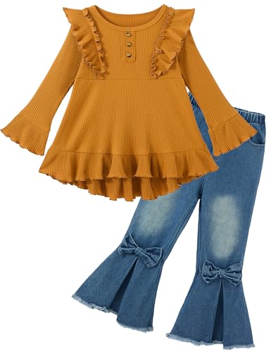 Auiopila Kids Toddler Girl Clothes Solid Color Ruffle Sleeve Top and Flare Jeans Pants 2Pcs Fall...