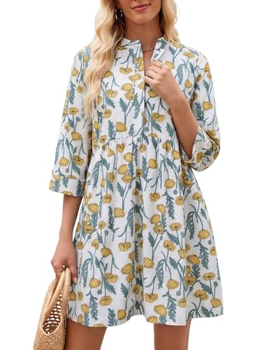 Image of EZAPINE Floral Dress for Women 3 /4 Sleeve Shift Boho Cotton Shirt Dresses | Button Up,Summer,Mini,Above Knee,Casual,for Picnic,Vacation