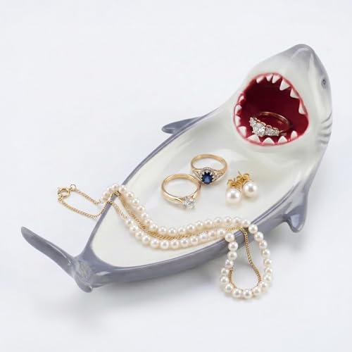 Potiera Funny Shark Jewelry Tray, Handmade Ceramic Decorative Ring Holder Trinket Dish Plate for Earrings Necklace Key, Unique Shark Gifts for Girls Women Mom, Coastal Ocean Beach Nautical Theme Decor