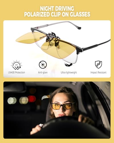 Clip on Polarized Night Vision Glasses Flip up Sunglasses to Wear Over Prescription Glasses for Night Driving 2 Pack4