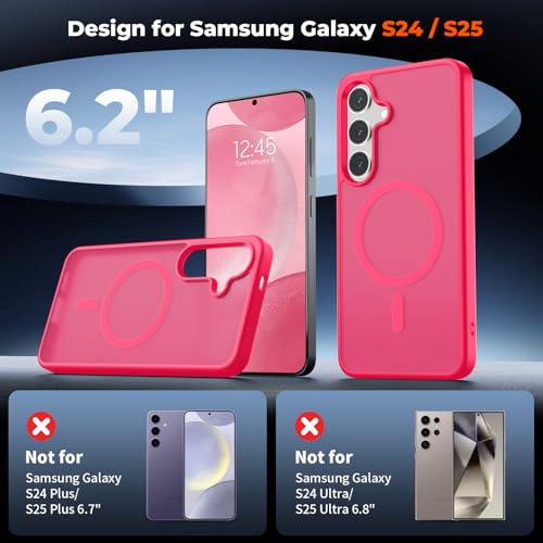 Image of SUPFINE Magnetic for Samsung Galaxy S24 Case / S25 Case with Screen Protector, (Built-in Magnets) (Military Grade Drop Protection) Slim Translucent Shockproof Phone Case,Hot Pink