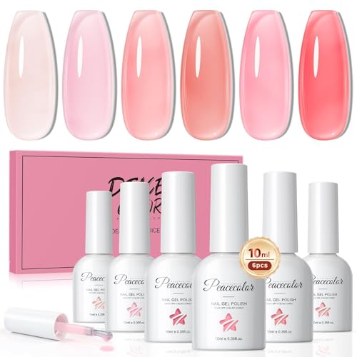 PEACECOLOR 6 Colori 10ml Smalto Semipermanente Unghie Trasparente Rosa Nudo, Smalto Gel UV Semi-Permanente Set Smalto UV/LED Smalto Gel Soak Off Manicure Set