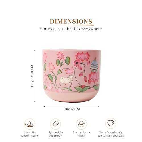 Image of Habere India-All the Cultures Fabricating India Pichwai Art Hand Painted Terracotta Planter | Pink Lotus Floral Indoor Plant Pot | Breathable Clay Pot with Drainage Hole (Pink: L12 x W12 x H10 cm)