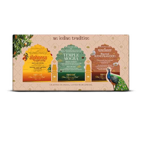 Image of Nyassa An Indian Tradition Handmade Soap Gift Set | 3 Natural Soaps - Sacred Sandalwood, Temple Mogra & Alphonso | raksha bandhan gift hamper | raksha bandhan gift