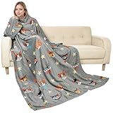 Catalonia Cat & Dog Print Wearable Snuggle Blanket with Sleeves, Soft Warm Cozy Fleece Long Throw with Pocket, Perfect for Sleeping & TV Time, Christmas Gift Ideas for Women and Men