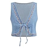 MakeMeChic Girl's Floral Embroidery Denim Vests Tie V Neck Sleeveless Summer Boho Vest Blue 9Y