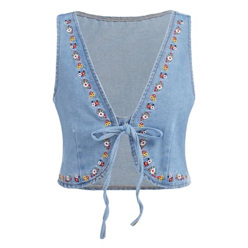 MakeMeChic Girl's Floral Embroidery Denim Vests Tie V Neck Sleeveless Summer Boho Vest