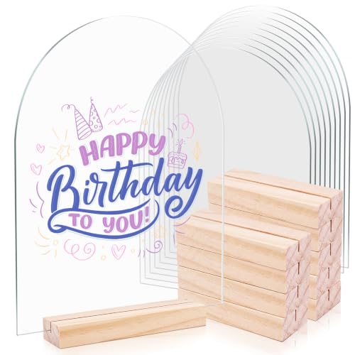 Image of Bercoor 10 Pack 8x10 Inch Blank Clear Arch Acrylic Sign with Wooden Stands, Arched Round Top Acrylic Sheet, Arch Table Numbers for DIY Name Card Gifts Event Party Sign Decoration