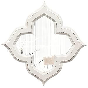 Hanging Antique Small Wall Mirrors Decorative 9.6 inch, Distressed White Sculpted Wood Mirror Farmhouse Wall Decor, Shabby Chic Lucky Four-Leaf Clover Mirror Wall Decor for Living Room