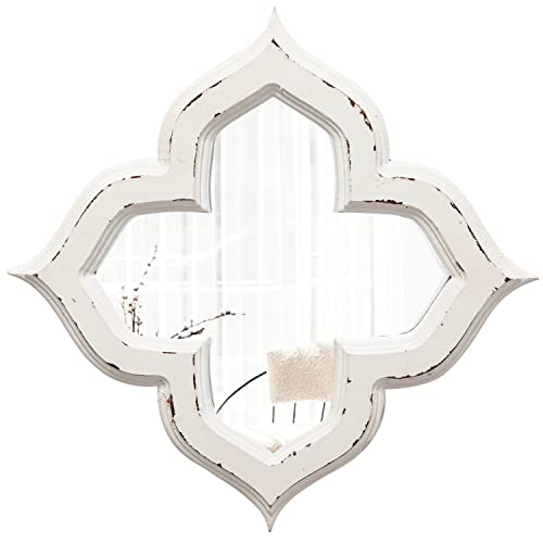 Hanging Antique Small Wall Mirrors Decorative 9.6 inch, Distressed White Sculpted Wood Mirror Farmhouse Wall Decor, Shabby Chic Lucky Four-Leaf Clover Mirror Wall Decor for Living Room