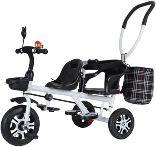 子供 双子用自転車 三輪車 二人乗り ペダル付き 押し手ハンドル 後輪ロック 物置くカゴ付 安全ベルト付 8ケ月〜7歳 ペダル自転車 乗用玩具 (ホワイト, 100x98x60cm)